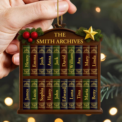 Custom Family Bookshelf Wooden Ornament - Personalized Christmas Decor Gift for Book Lovers