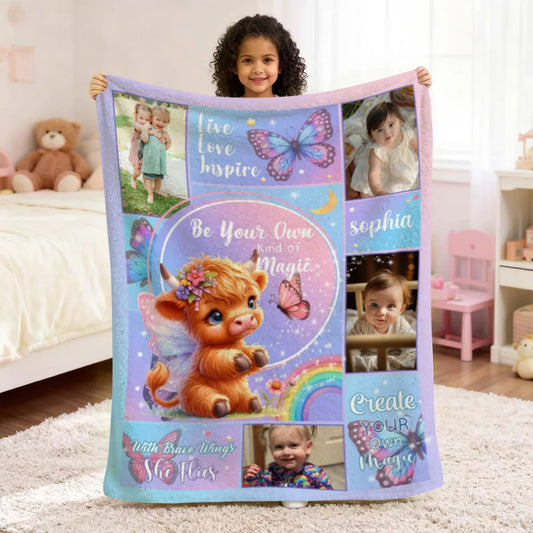 Be Your Own Kind of Magic Personalized Highland Cow Blanket - Custom Gift for Kids