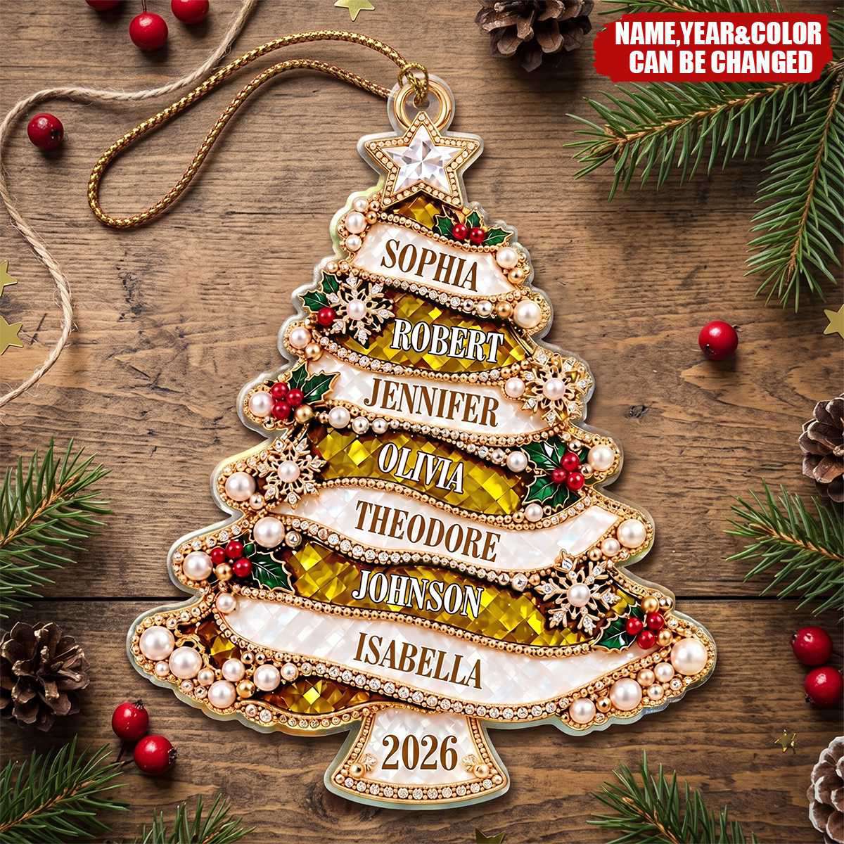 Personalized Golden Pearl Christmas Tree Family Acrylic Ornament - Custom Name Keepsake Gift for Family
