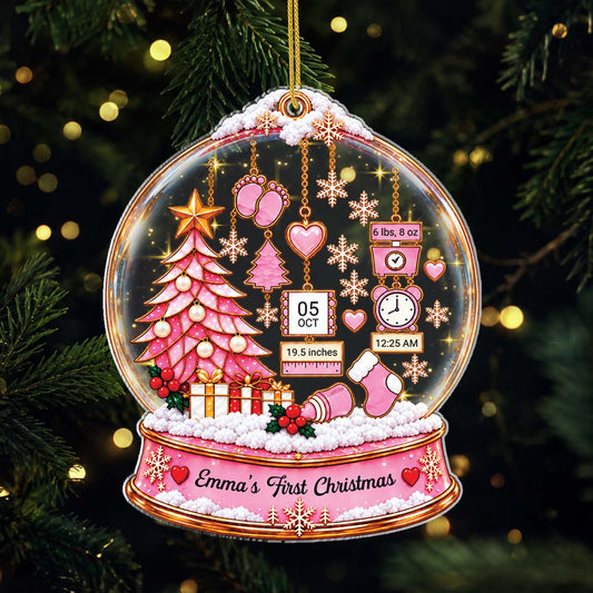 Baby's First Christmas Snow Globe Personalized Acrylic Ornament -Custom Birth Stats Keepsake Gift
