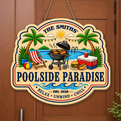 Wood Sign material and size view - Personalized Poolside Paradise Custom Shaped Wood Sign