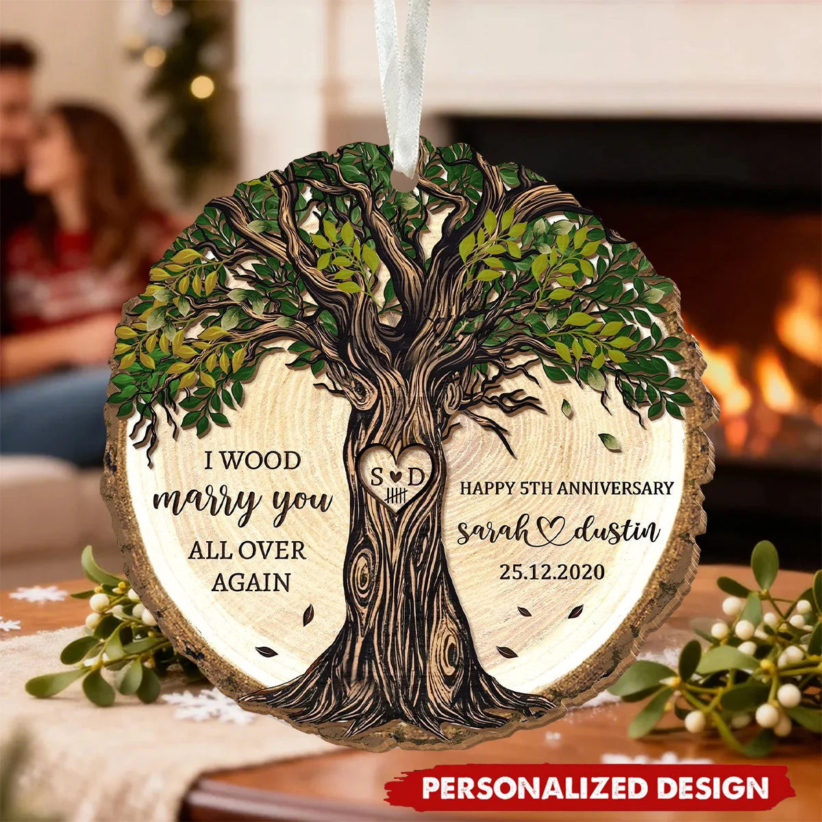 "I Wood Marry You All Over Again" Personalized Wooden Ornament - Anniversary Gift for Couples