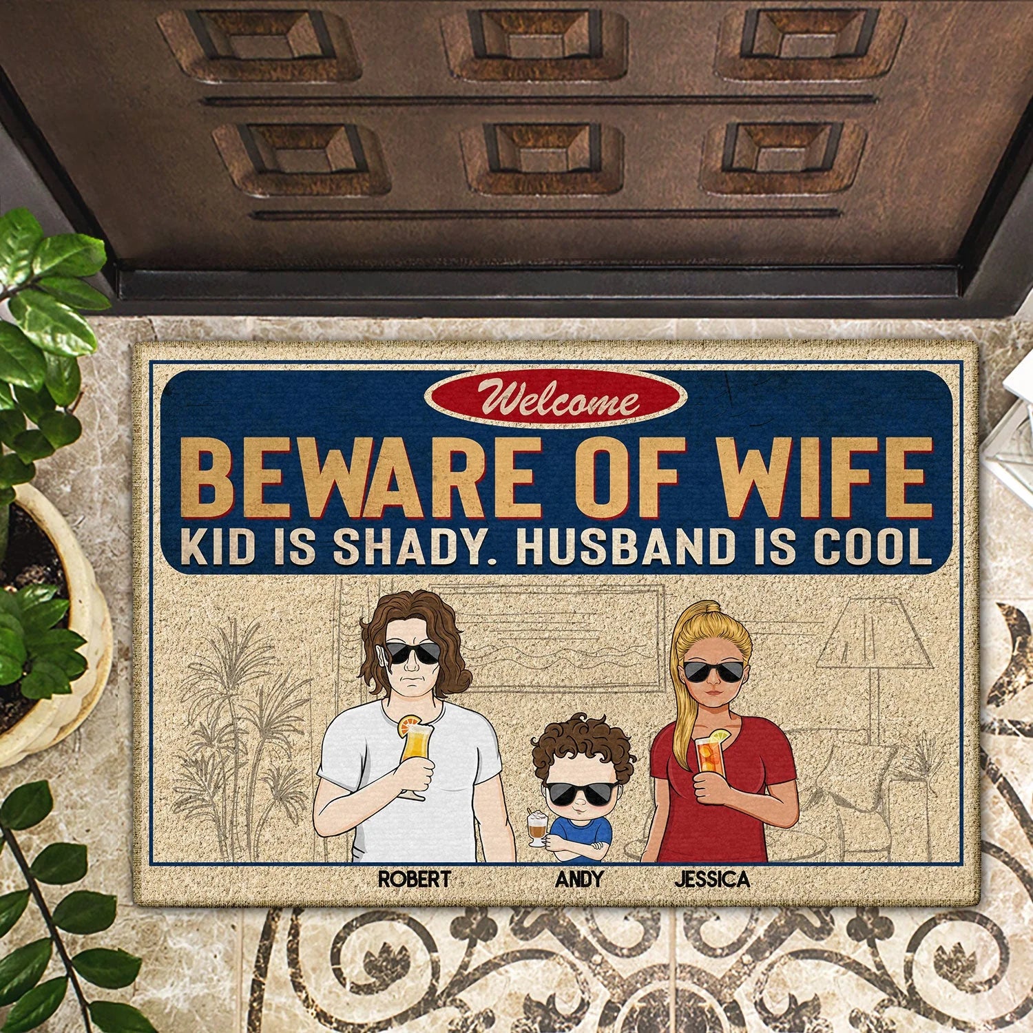 "Beware Of Wife Kids Are Shady Husband Is Cool" Personalized Doormat - Custom Family Entrance Decor Mat For Husband