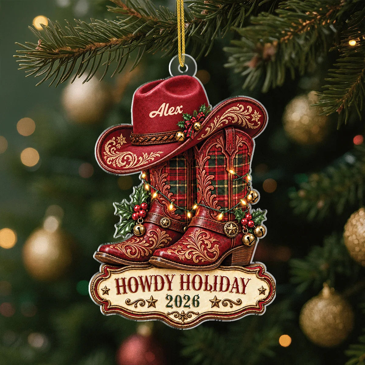 "Howdy Holiday" Cowboy Boots Personalized Acrylic Ornament - Custom Christmas Tree Keepsake