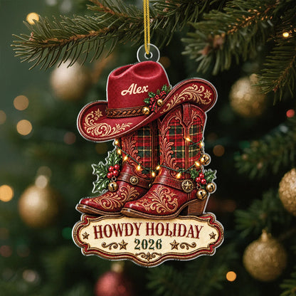 "Howdy Holiday" Cowboy Boots Personalized Acrylic Ornament - Custom Christmas Tree Keepsake