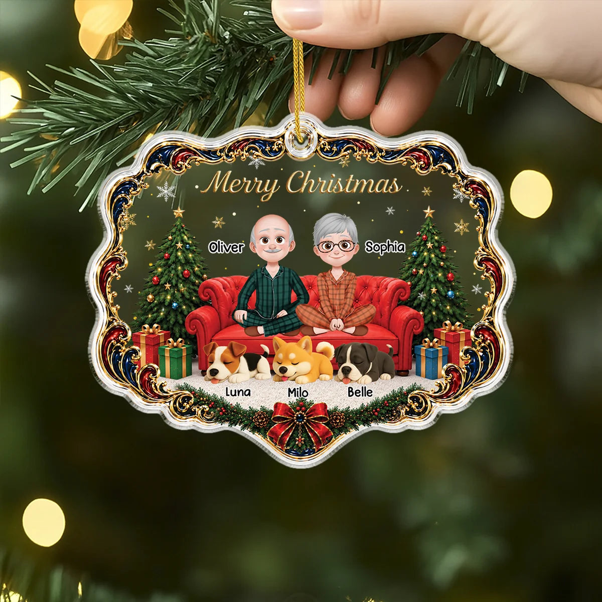 "Merry Christmas" Personalized Couple and Dogs Acrylic Ornament - Custom Gift for Dog Lovers