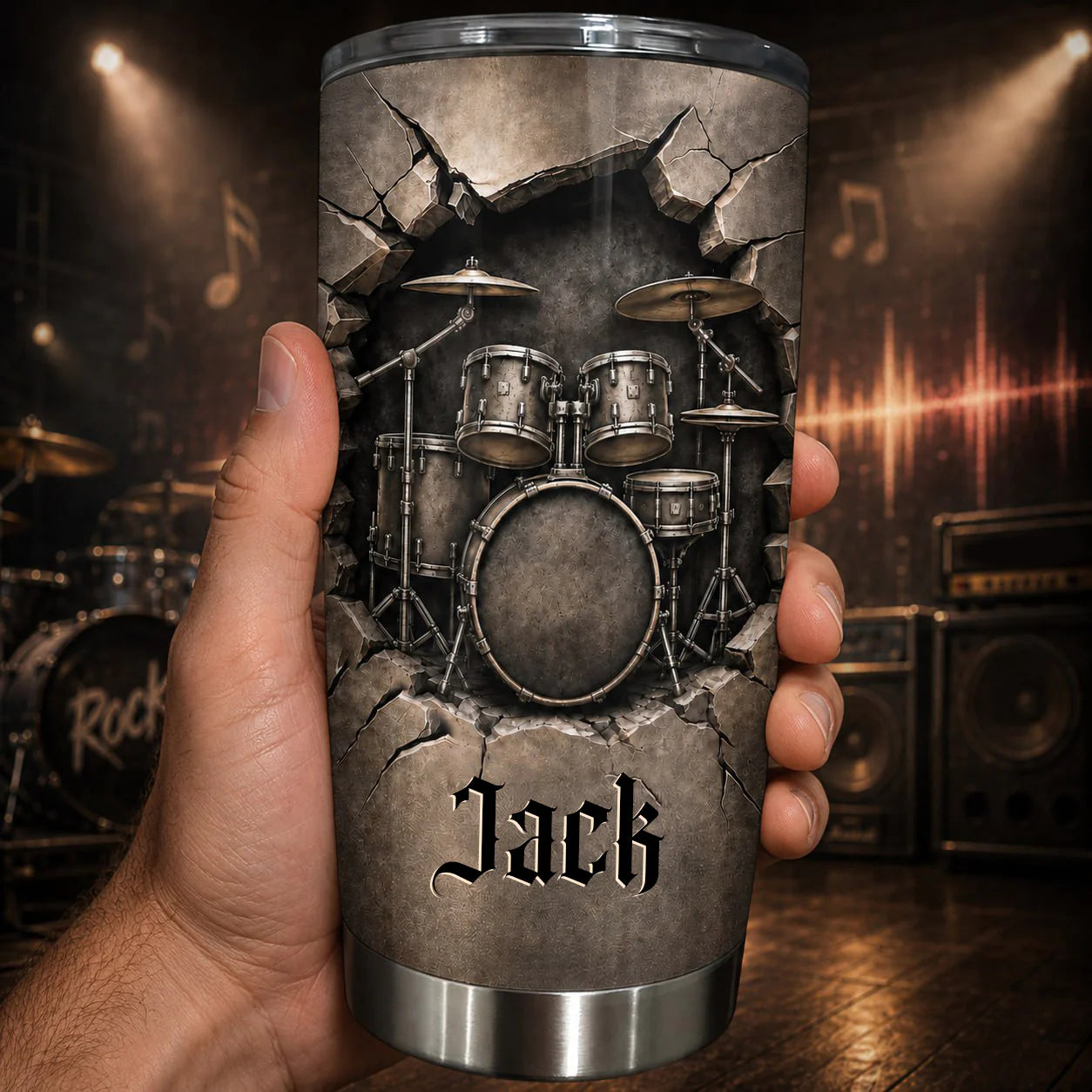 Personalized drum kit tumbler with custom name and 3D cracked wall design for drummers