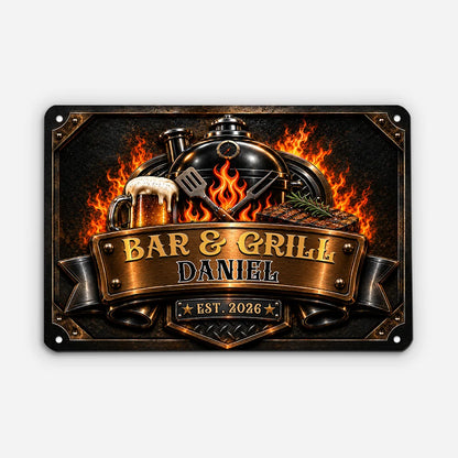Bar & Grill Personalized Metal Sign - Custom BBQ Grill Master Wall Art Decor Gift for Dad
