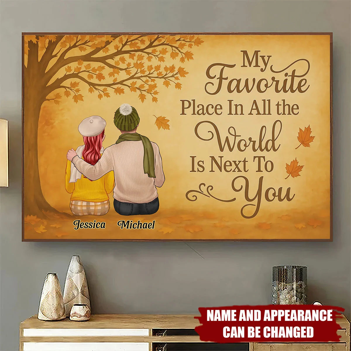 "My Favorite Place Is Next to You" Personalized Fall Canvas / Poster - Custom Wall Art Gift for Couples