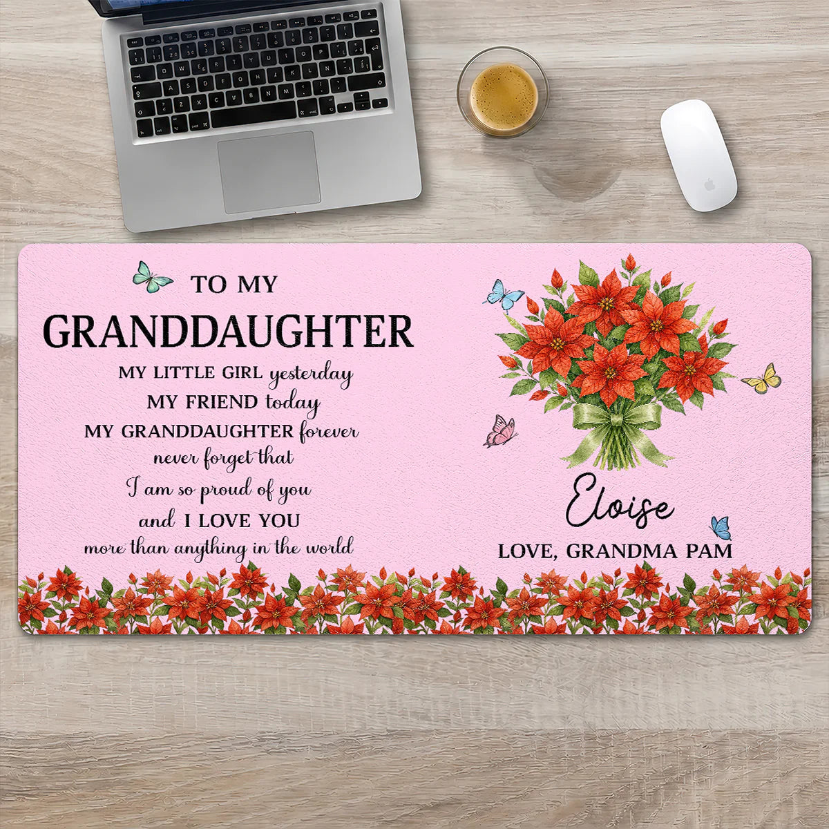 Personalized Birth Flower Desk Mat personalization view for Daughter/Granddaughter