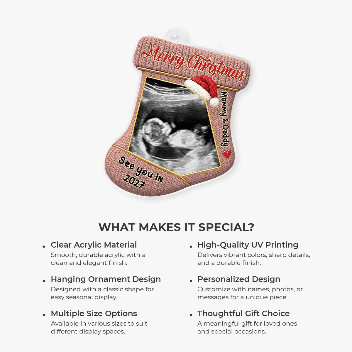 "See You In 2027" Custom Ultrasound Baby Photo Christmas Stocking Acrylic Ornament - Personalized Gifts for Parents-to-Be