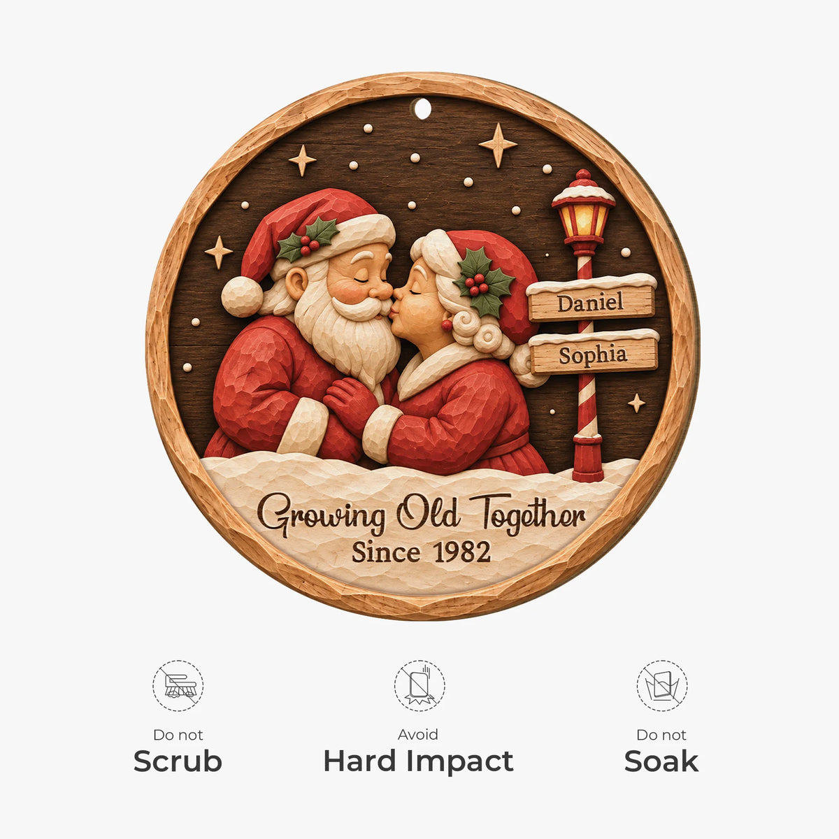 Growing Old Together Personalized Wooden Ornament - Custom Kissing Santa Couple Keepsake