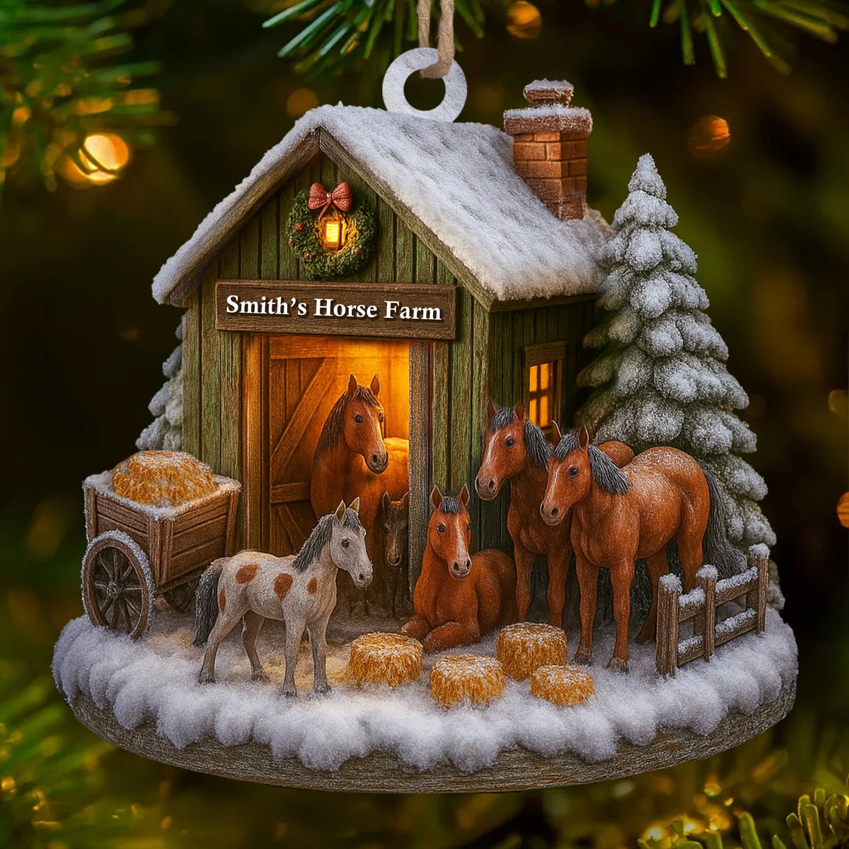 Christmas At The Horse Farm Personalized Wood Ornament - Family Holiday Keepsake Gift