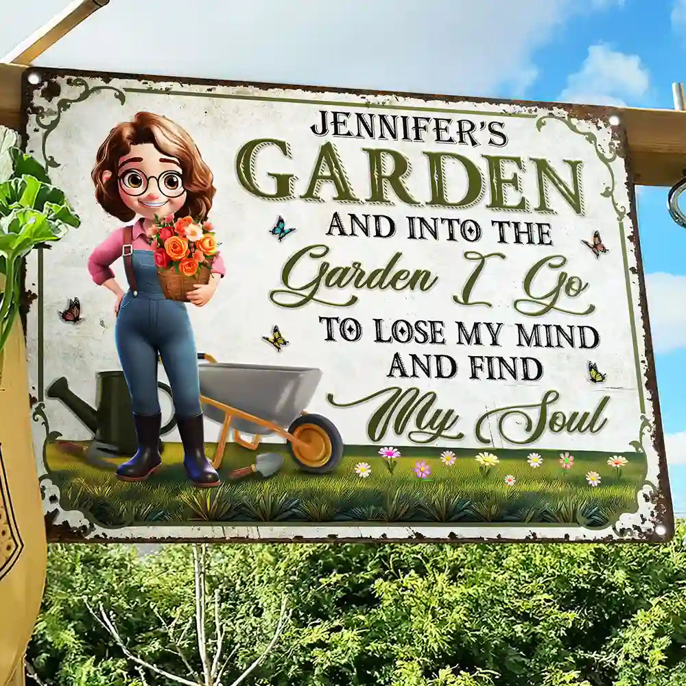 Personalized garden metal sign with custom name and character illustration for women gardeners