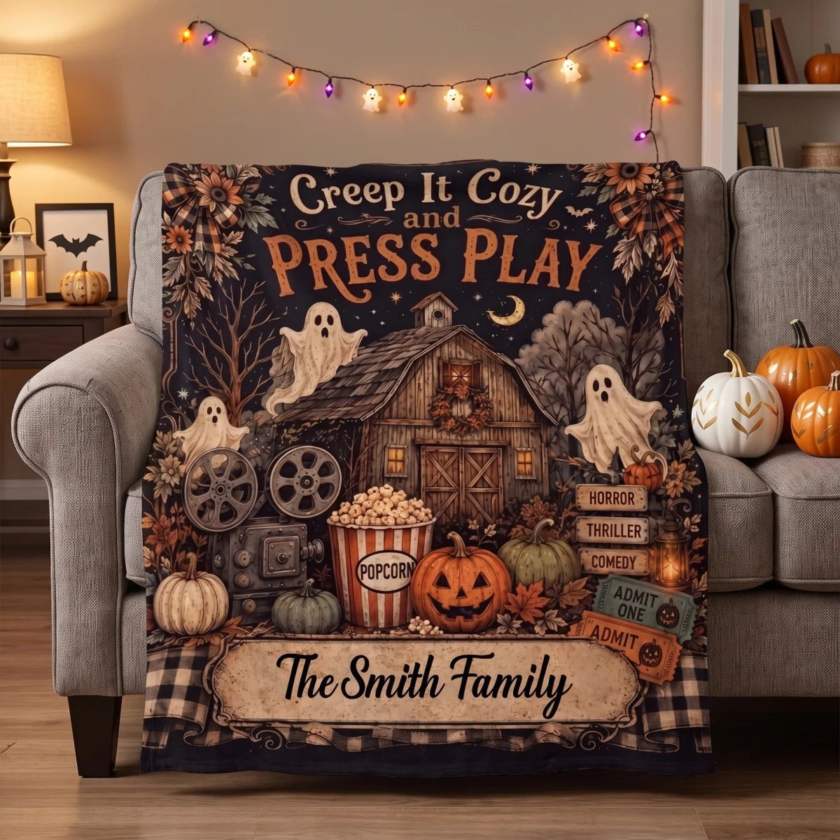 "Creep It Cozy and Press Play" Personalized Halloween Blanket - Custom Family Name Movie Night Throw Decor
