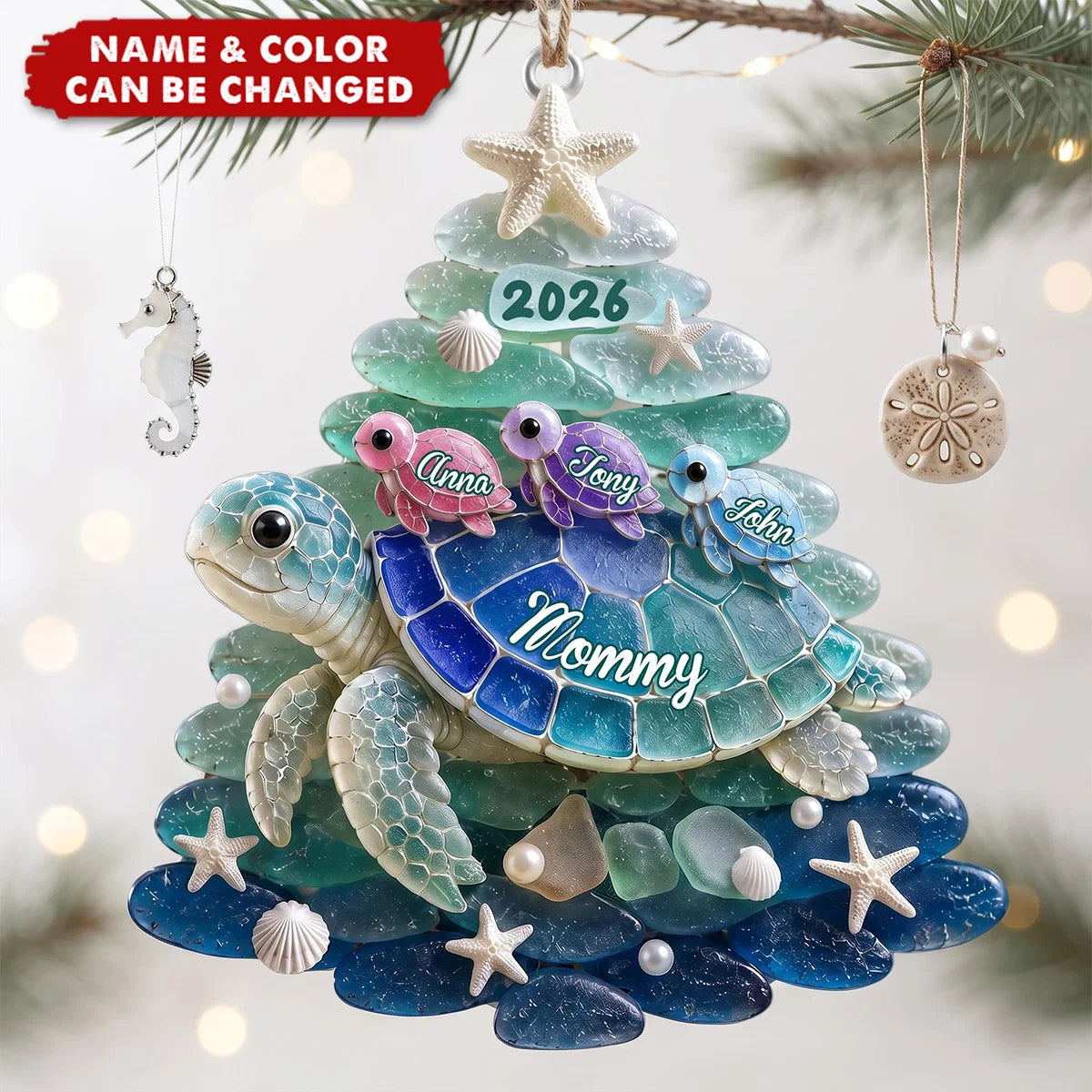 Personalized Turtle Grandma Acrylic Ornament - Custom Sea Turtle Family Christmas Keepsake