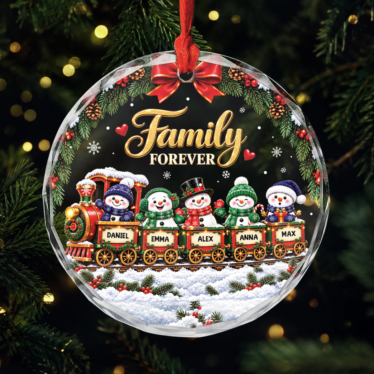 "Family Forever" Personalized Snowman Train Glass Ornament - Christmas Gift for Family