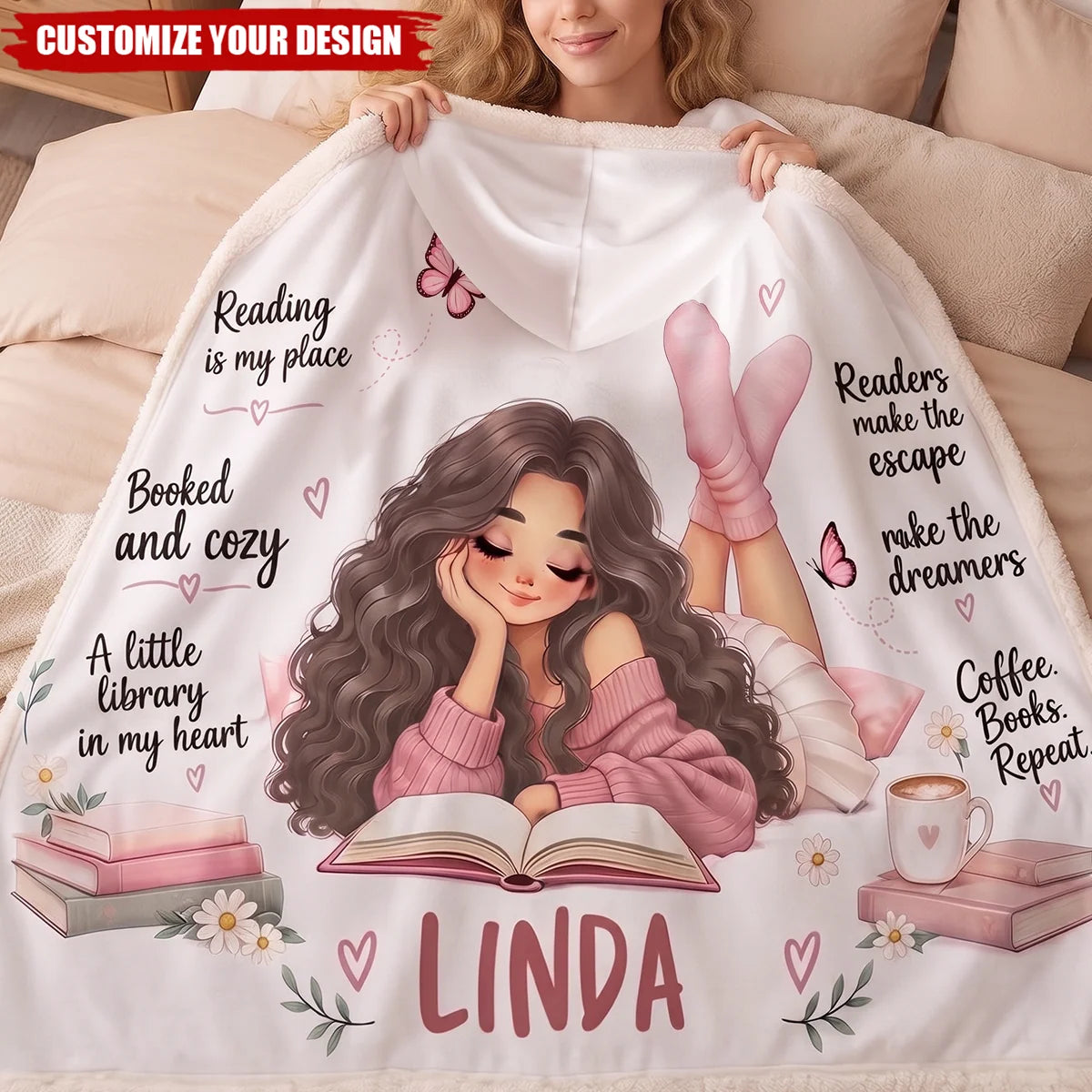 Reading Is My Happy Place Personalized Hooded Blanket - Cozy Birthday Gift for Book Lovers