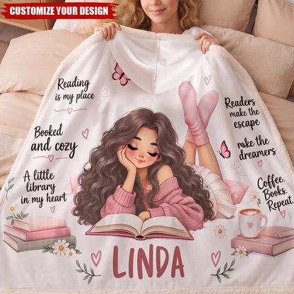 Reading Is My Happy Place Personalized Hooded Blanket - Cozy Birthday Gift for Book Lovers