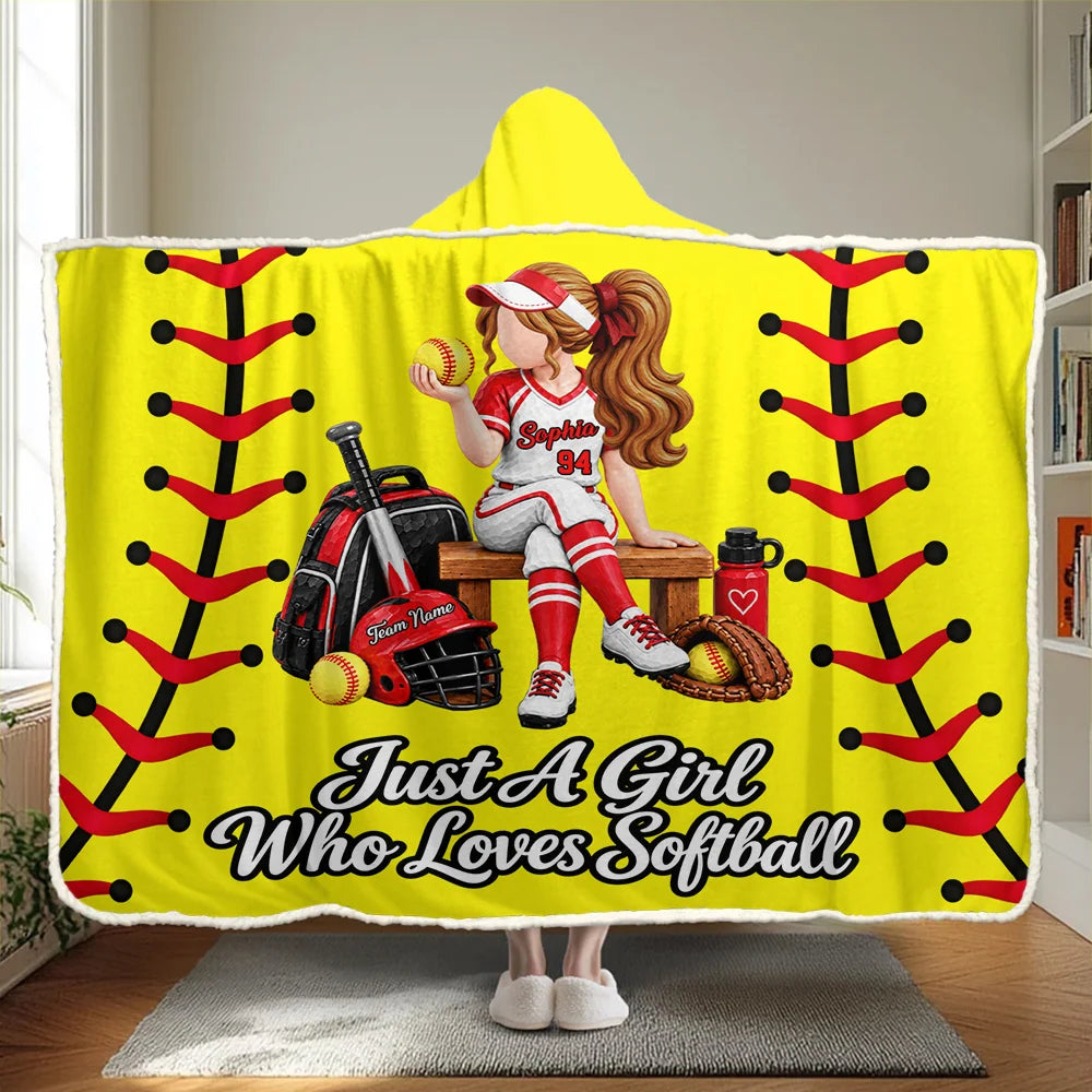 Just A Girl Who Loves Softball - Personalized Wearable Blanket Hoodie with Custom Name & Number, Gift For  Softball Players A2110 T24 VN09