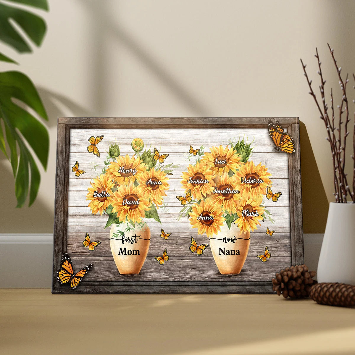 "First Mom Now Grandma" Sunflower Pot Personalized Canvas / Poster - Custom Wall Art Gift for Mom & Grandma