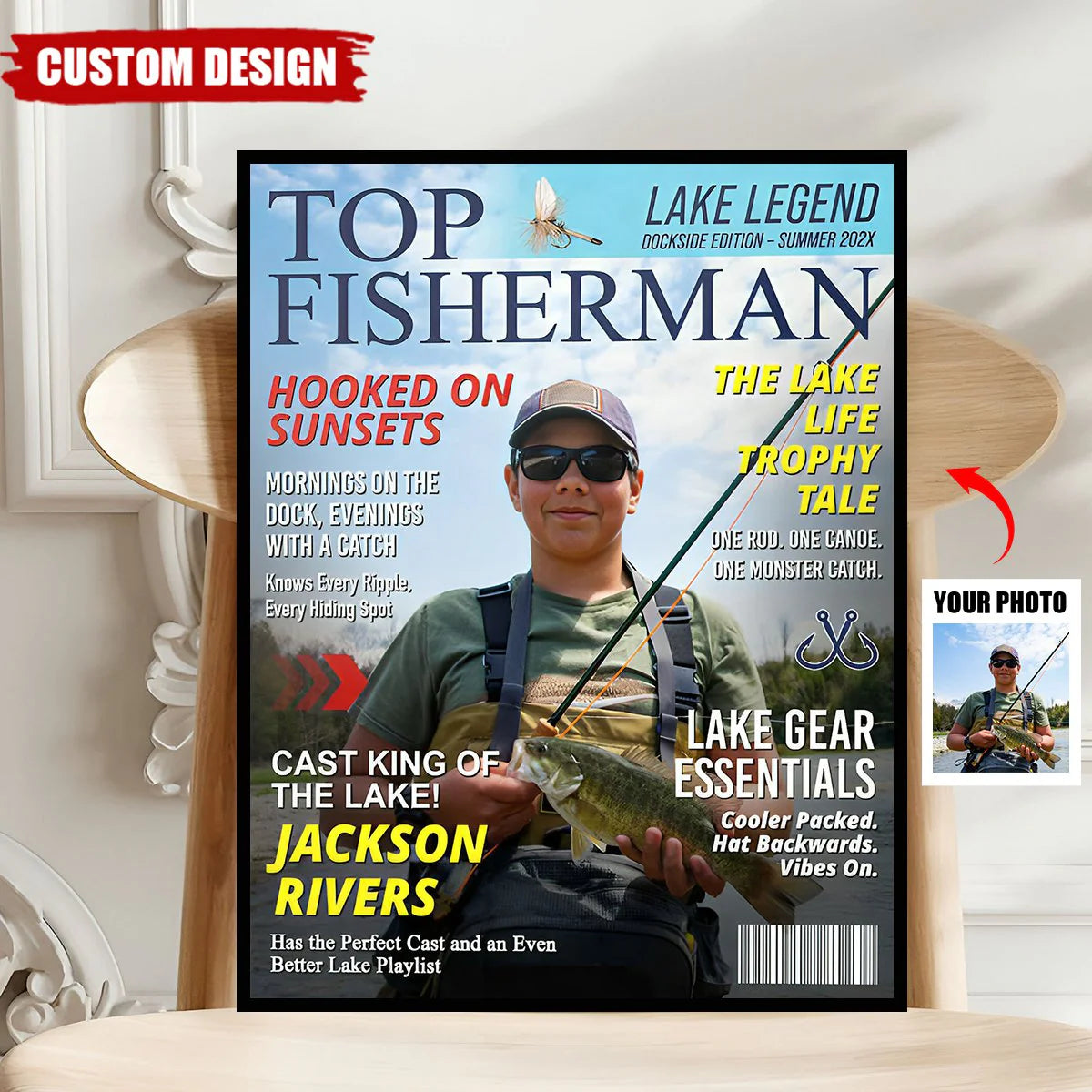 Personalized fishing canvas print with a custom photo on a Top Fisherman magazine cover layout. image 6