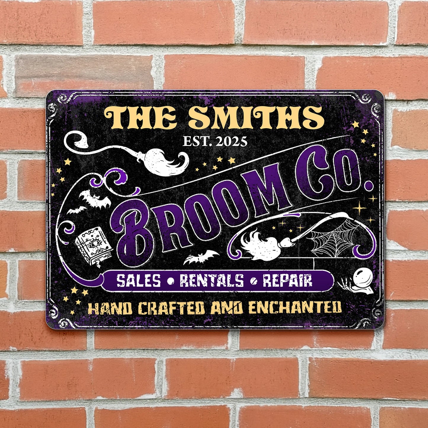 Broom Co. Hand Crafted & Enchanted Personalized Metal Sign - Custom Vintage Halloween Decor for Family