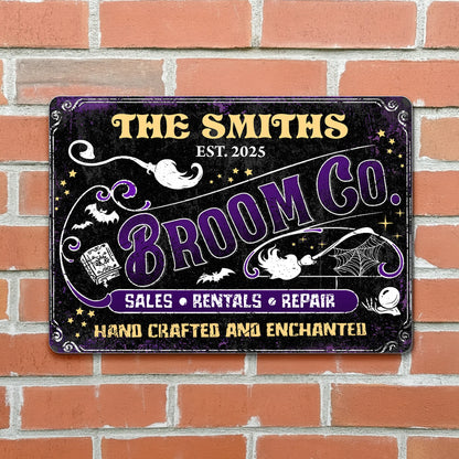 Broom Co. Hand Crafted & Enchanted Personalized Metal Sign - Custom Vintage Halloween Decor for Family