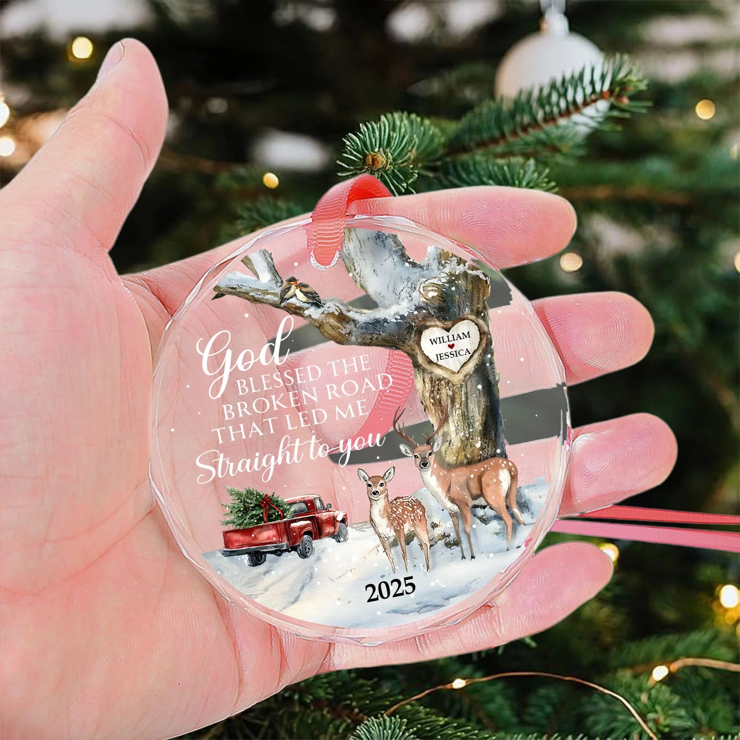 God Blessed The Broken Road Personalized Glass Ornament - Custom Couple Christmas Gift