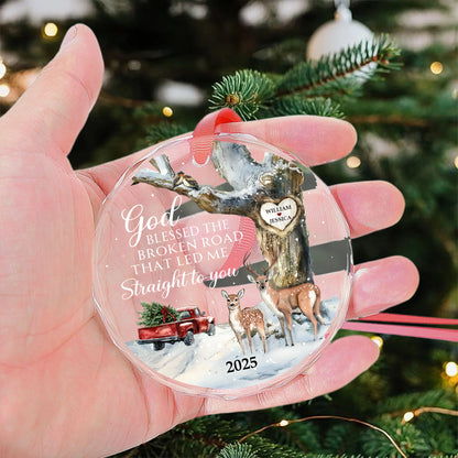 God Blessed The Broken Road Personalized Glass Ornament - Custom Couple Christmas Gift