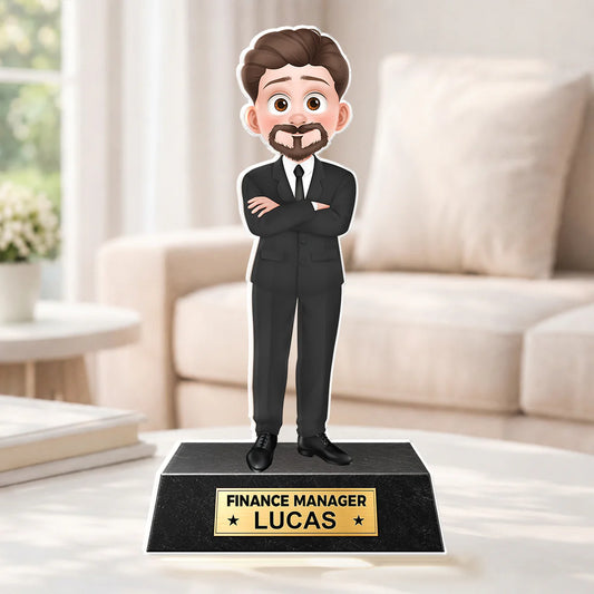 Custom boss desk plaque with personalized figure and job title for office desktop display