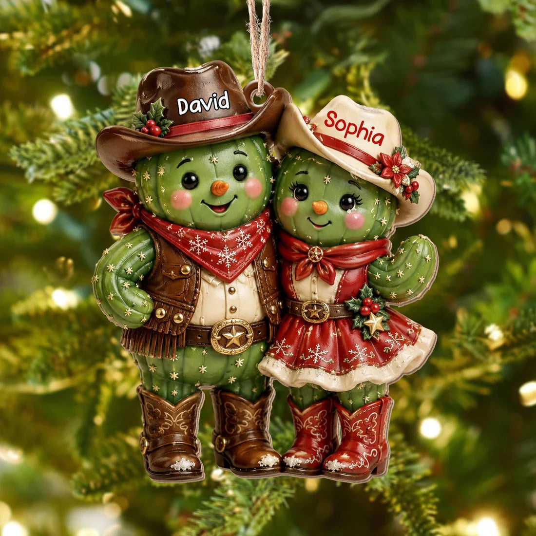 Custom Cactus Couple Wooden Ornament - Personalized Western Keepsake for Couples Christmas Tree