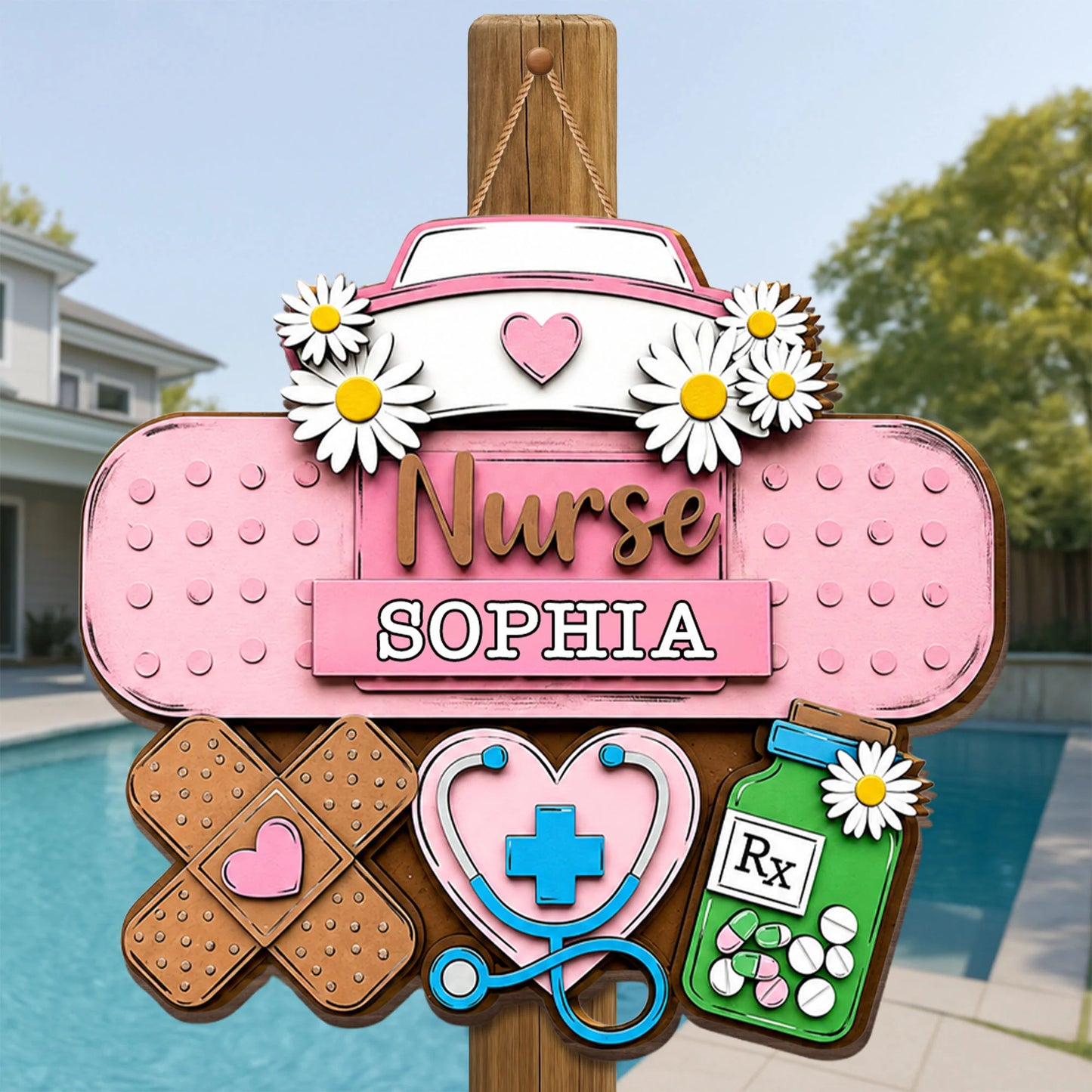 Personalized Nurse Daisy Stethoscope Custom Wood Sign personalization view for Nurse