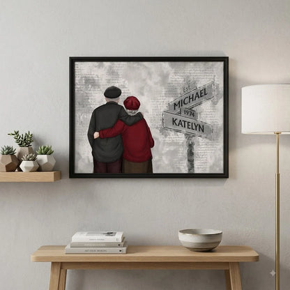 Custom Old Couple Street Sign Canvas / Poster - Personalized Anniversary Wall Art for Couples