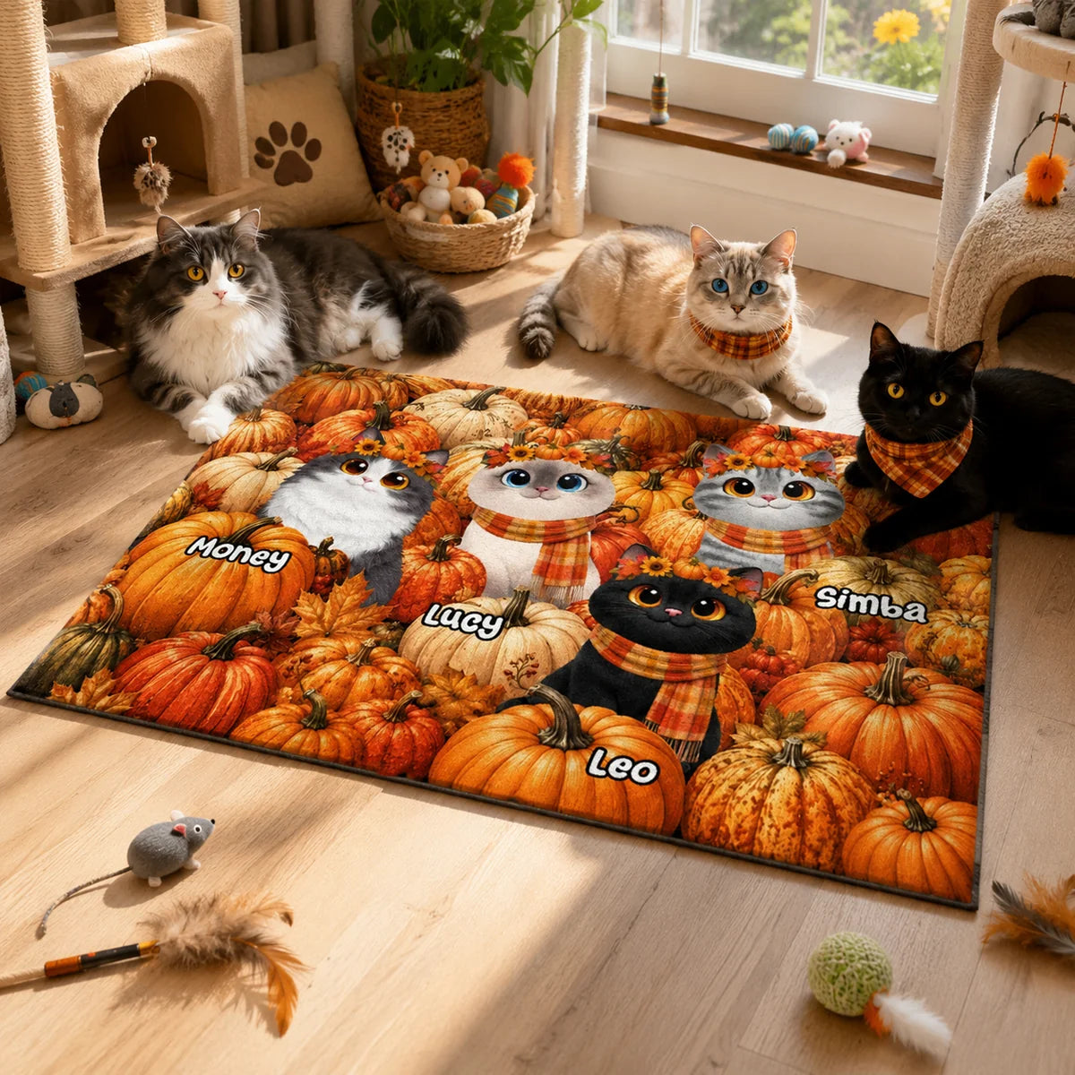 Cute Cats in Pumpkin Patch Personalized Doormat - Custom Fall Decor Gift for Cat Lovers