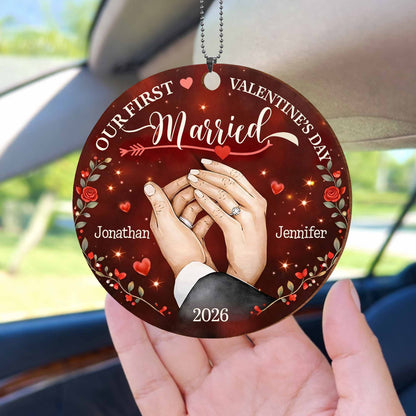 Our First Valentine's Day Married - Personalized Wood Ornament for Couples Keepsake