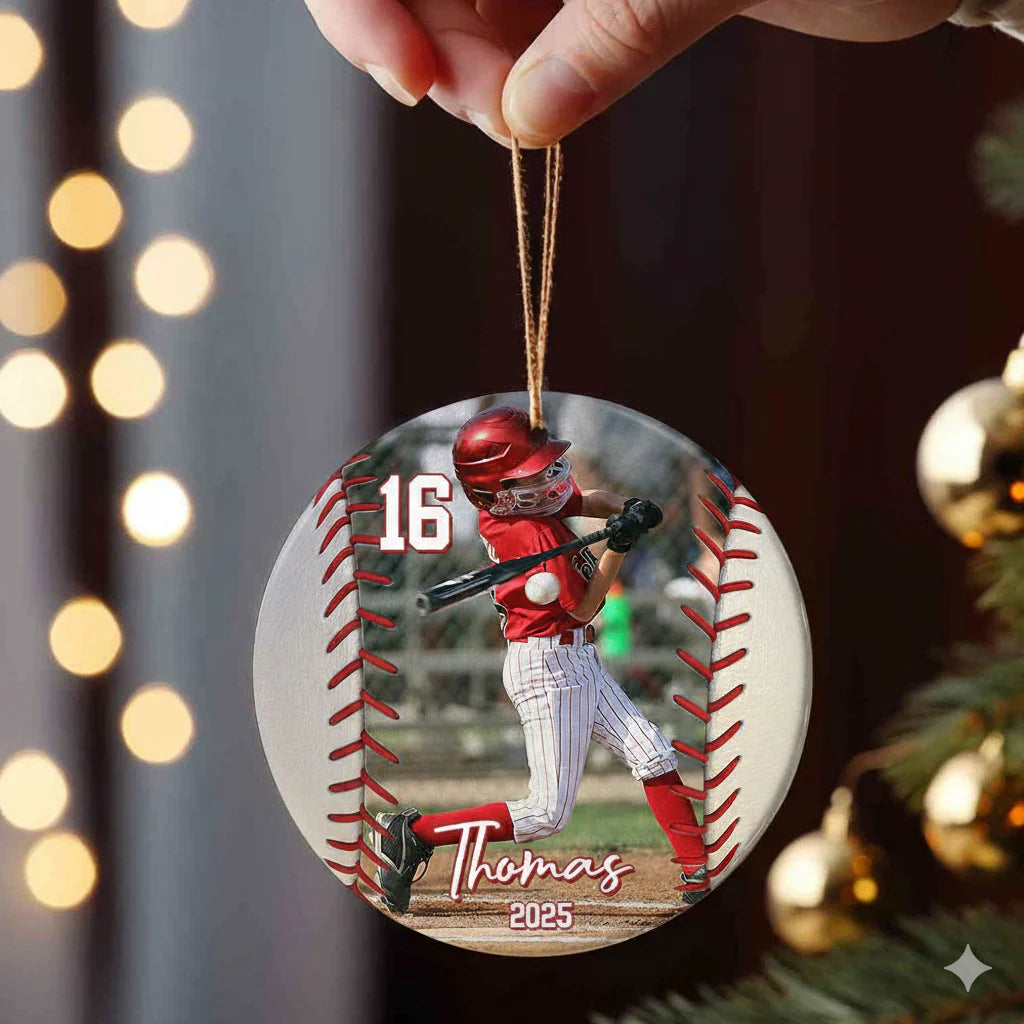 Custom Photo Baseball Ceramic Ornament personalization view for Son/Grandson
