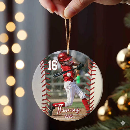 Custom Photo Baseball Ceramic Ornament personalization view for Son/Grandson