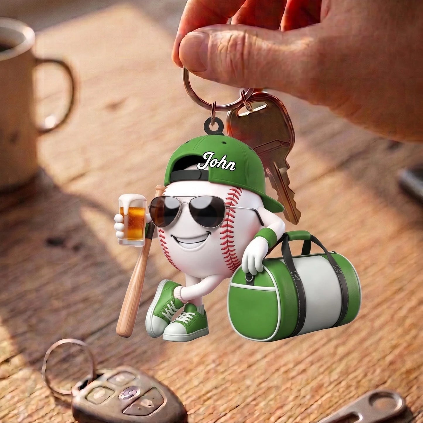 Bat Ball And Cold Brews Mascot Keychain - Custom Baseball Keychain Gift for Players and Coaches