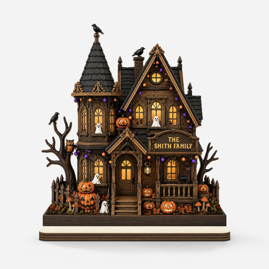 Personalized Halloween wooden plaque with spooky haunted house and family name for tabletop Halloween home decor