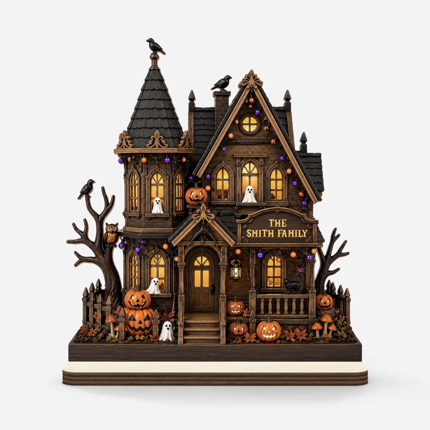 Personalized Halloween wooden plaque with spooky haunted house and family name for tabletop Halloween home decor