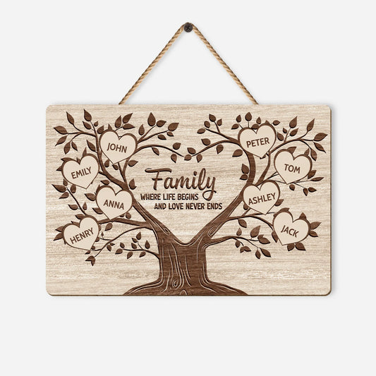 Custom family tree wood sign featuring personalized heart names with quote Where Life Begins and Love Never Ends