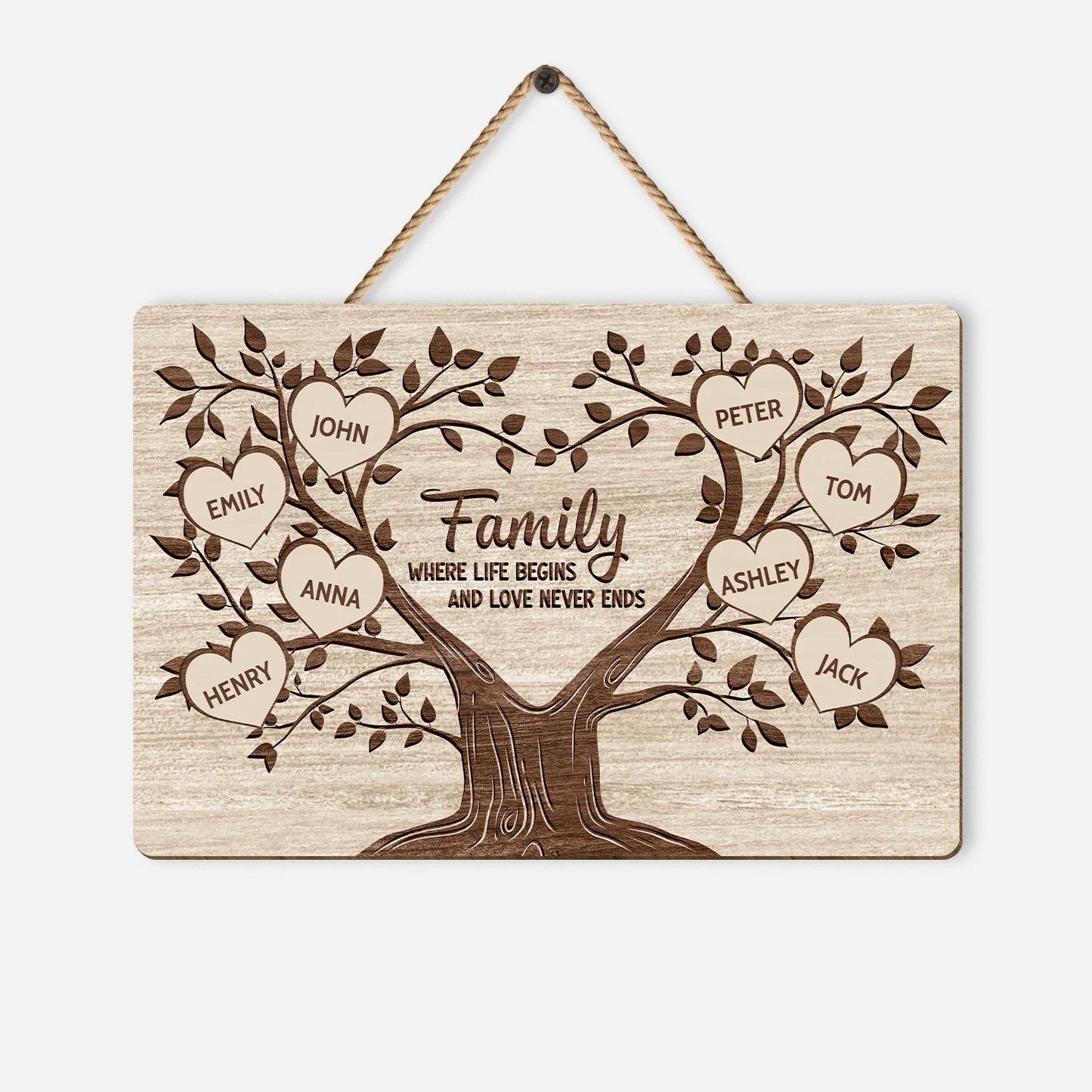 Custom family tree wood sign featuring personalized heart names with quote Where Life Begins and Love Never Ends