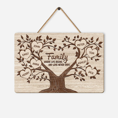Custom family tree wood sign featuring personalized heart names with quote Where Life Begins and Love Never Ends