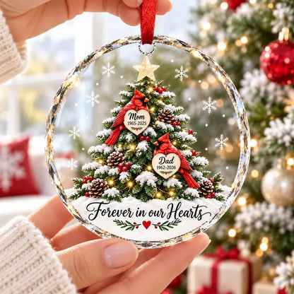 "Forever in Our Hearts" Cardinal Memorial Glass Ornament - Personalized Memorial Gift for Mom & Dad