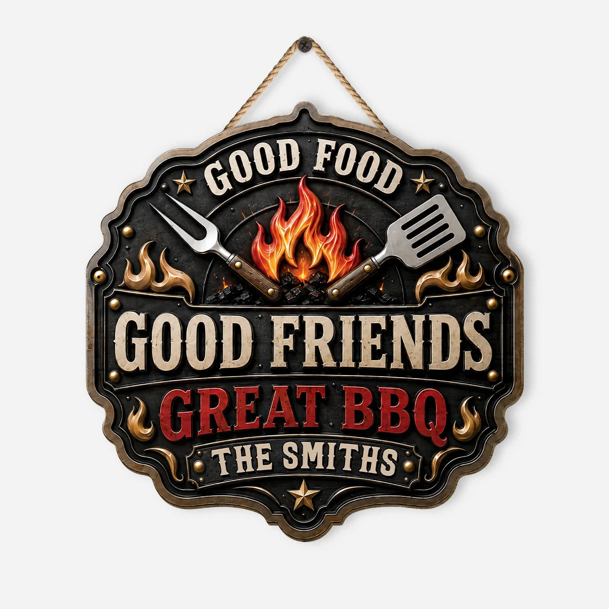 "Good Food Good Friends Great BBQs" Personalized Wood Sign - Custom Backyard Grill Decor