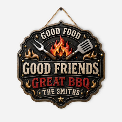 "Good Food Good Friends Great BBQs" Personalized Wood Sign - Custom Backyard Grill Decor