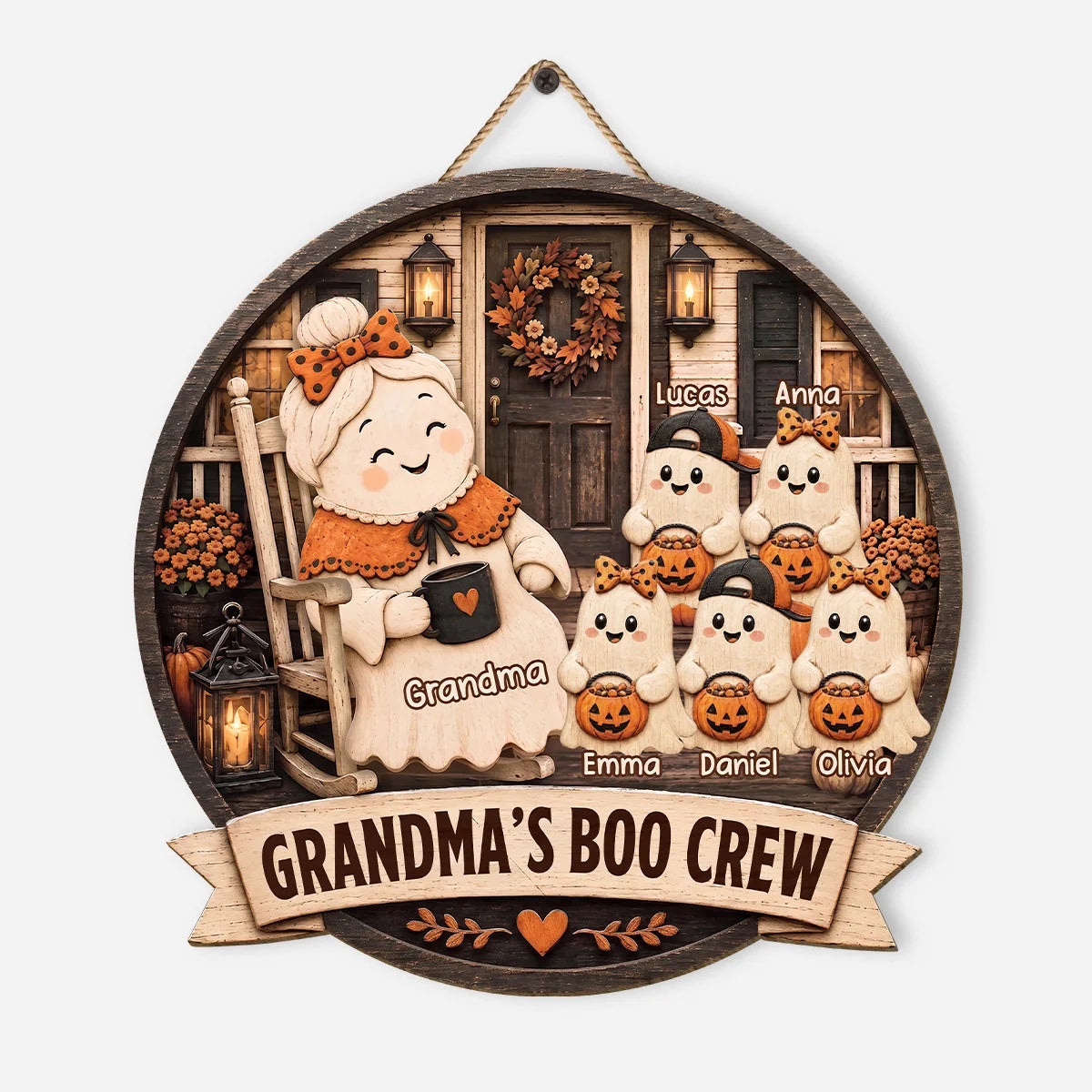 Grandma's Boo Crew Personalized Halloween Wood Sign - Custom Grandkids Name Round Door Hanger Wall Decor