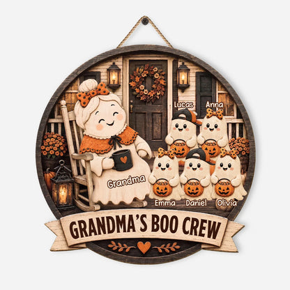 Grandma's Boo Crew Personalized Halloween Wood Sign - Custom Grandkids Name Round Door Hanger Wall Decor