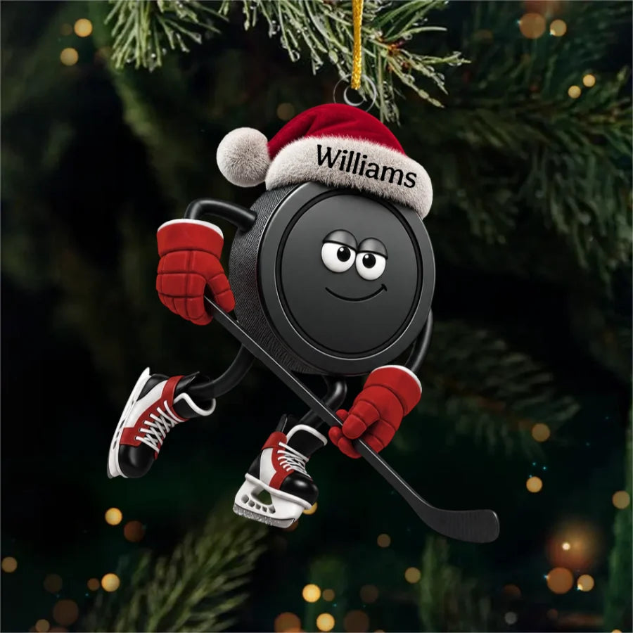 Personalized Hockey Acrylic Ornament - Custom Christmas Santa Hat Hockey Puck Keepsake Gift